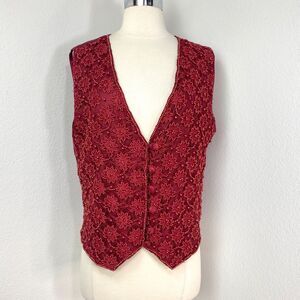 Ruby Red Beaded Rayon Satin Vest Small Back Tie Button Front Steampunk Goth